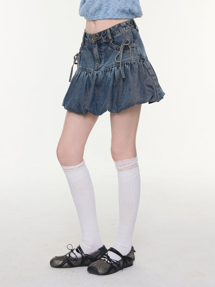 Bow Pocket Bubble Denim Mini Skirt