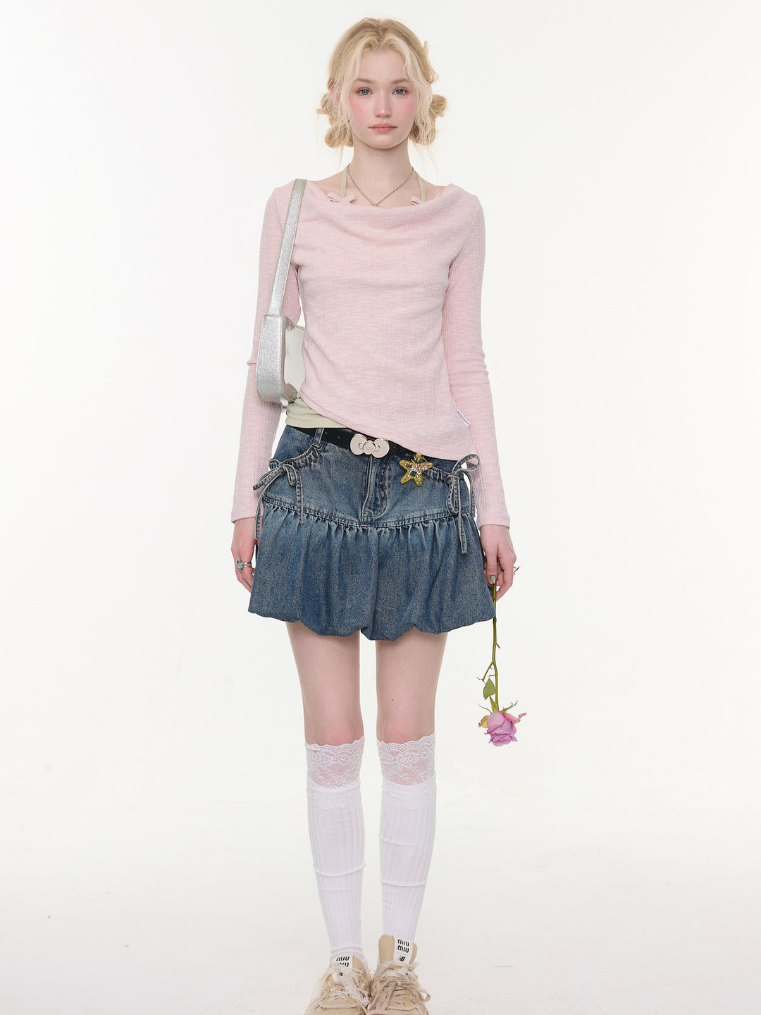 Bow Pocket Bubble Denim Mini Skirt