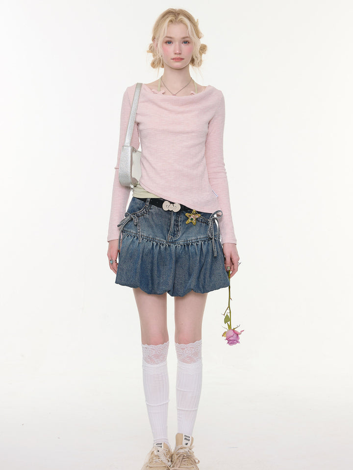 Bow Pocket Bubble Denim Mini Skirt