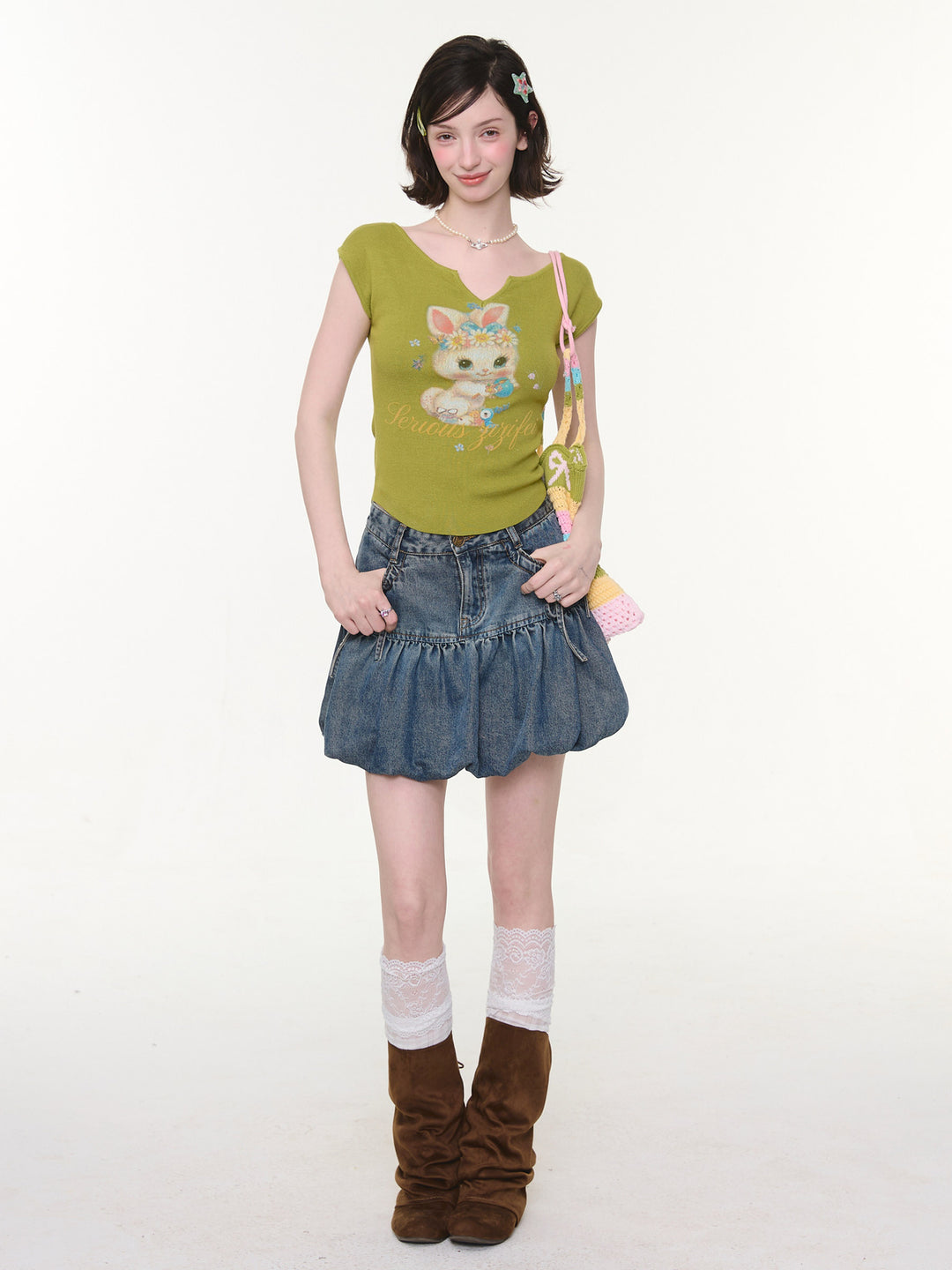 Bow Pocket Bubble Denim Mini Skirt
