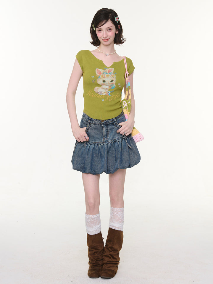 Bow Pocket Bubble Denim Mini Skirt