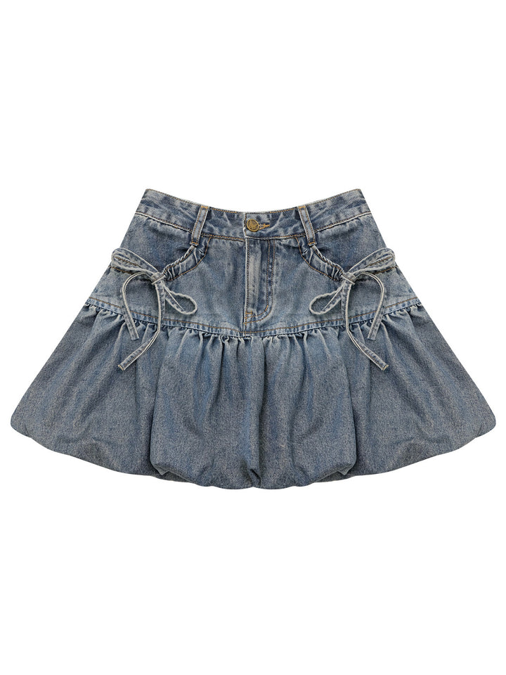 Bow Pocket Bubble Denim Mini Skirt