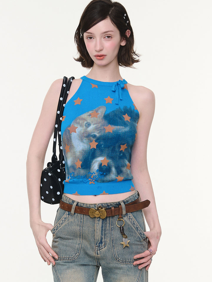 Y2K Star Cat Knit Tank Top