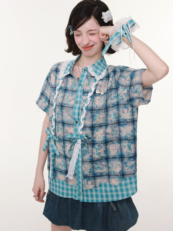 Coquette Lace-Trim Plaid Shirt