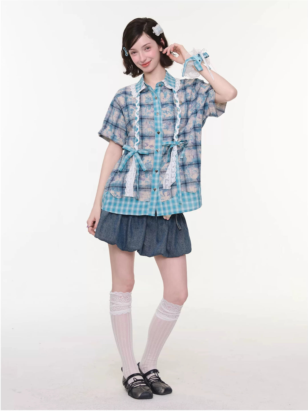 Coquette Lace-Trim Plaid Shirt