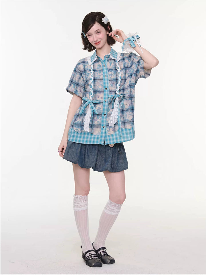 Coquette Lace-Trim Plaid Shirt