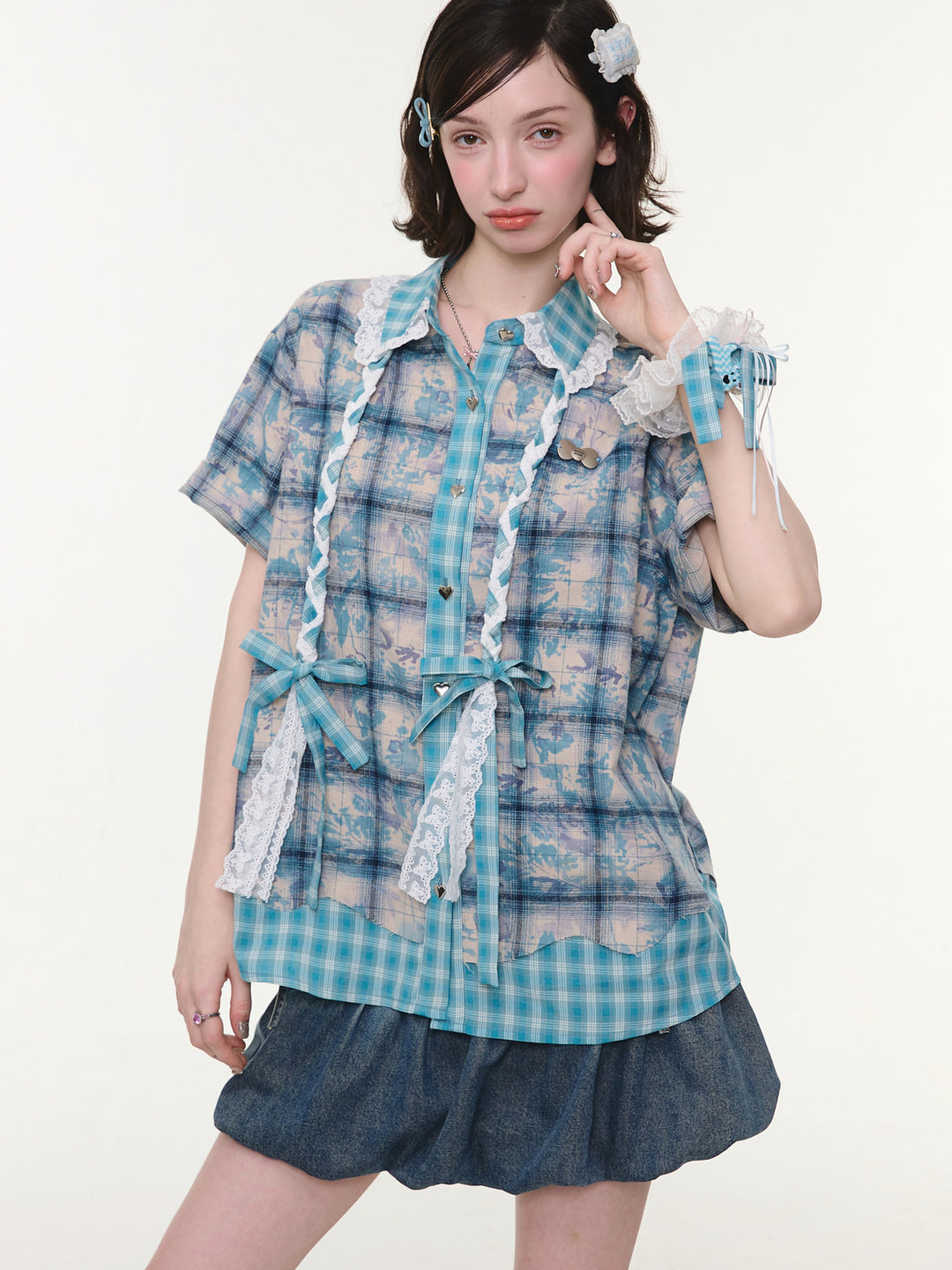 Coquette Lace-Trim Plaid Shirt