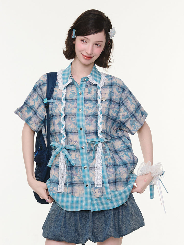 Coquette Lace-Trim Plaid Shirt
