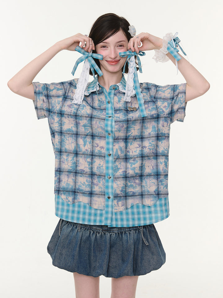 Coquette Lace-Trim Plaid Shirt