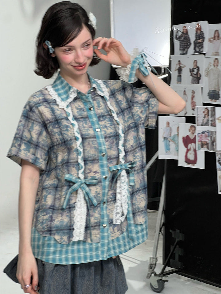 Coquette Lace-Trim Plaid Shirt
