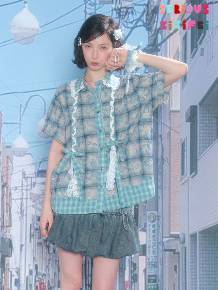Coquette Lace-Trim Plaid Shirt