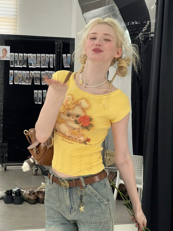 Bunny Rose Graphic Pointelle T-Shirt