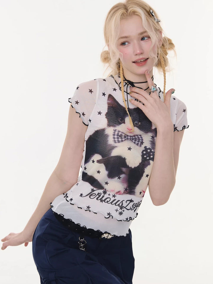 Y2K Cat Graphic Mesh T-Shirt