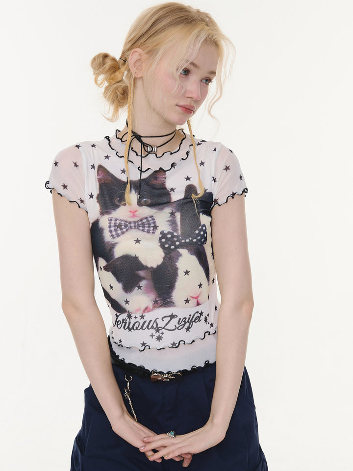 Y2K Cat Graphic Mesh T-Shirt