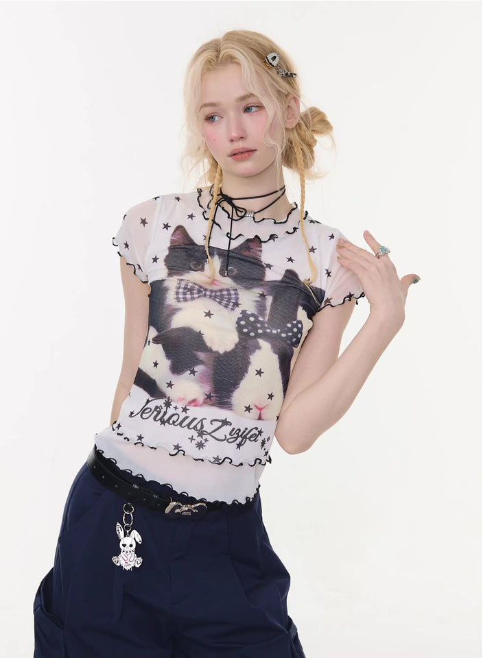 Y2K Cat Graphic Mesh T-Shirt
