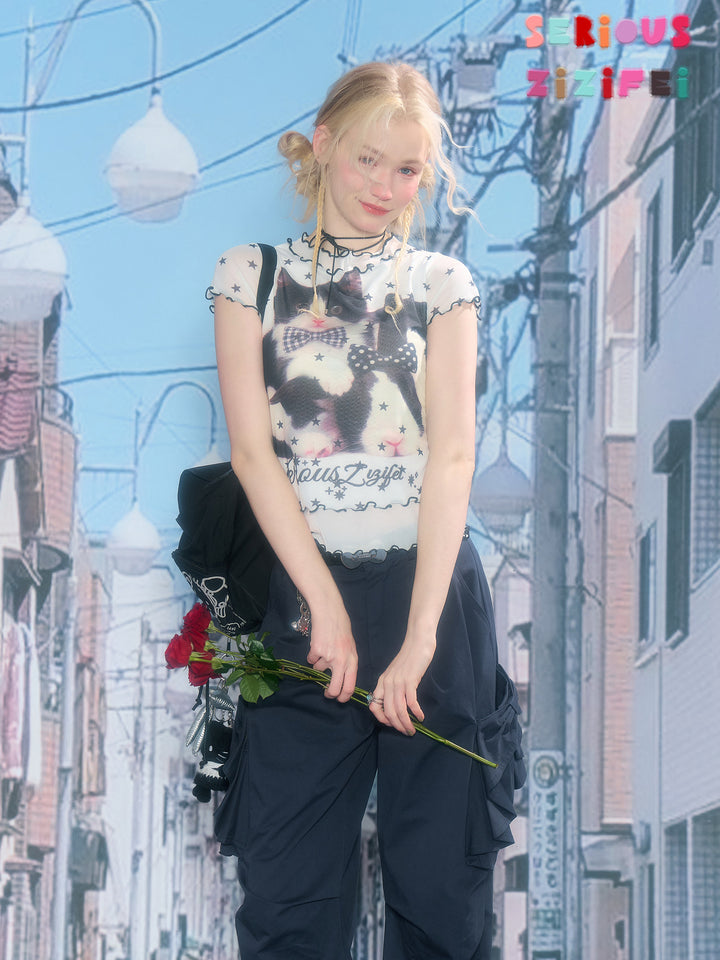 Y2K Cat Graphic Mesh T-Shirt