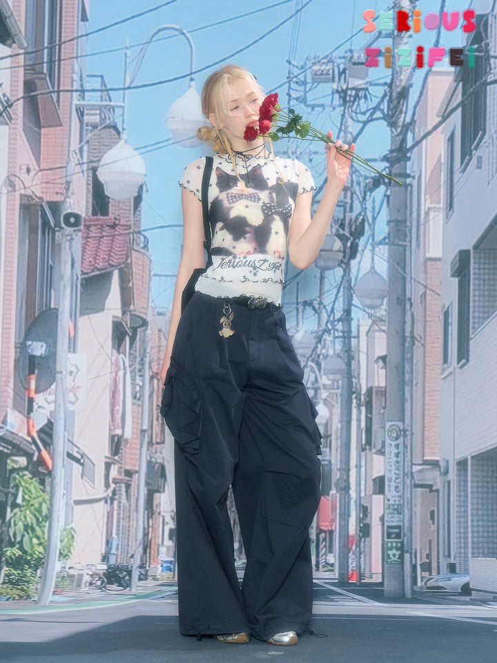 Y2K Cat Graphic Mesh T-Shirt