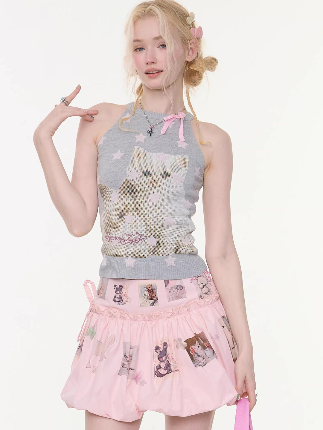 Starry Cat Bow Knit Tank Top