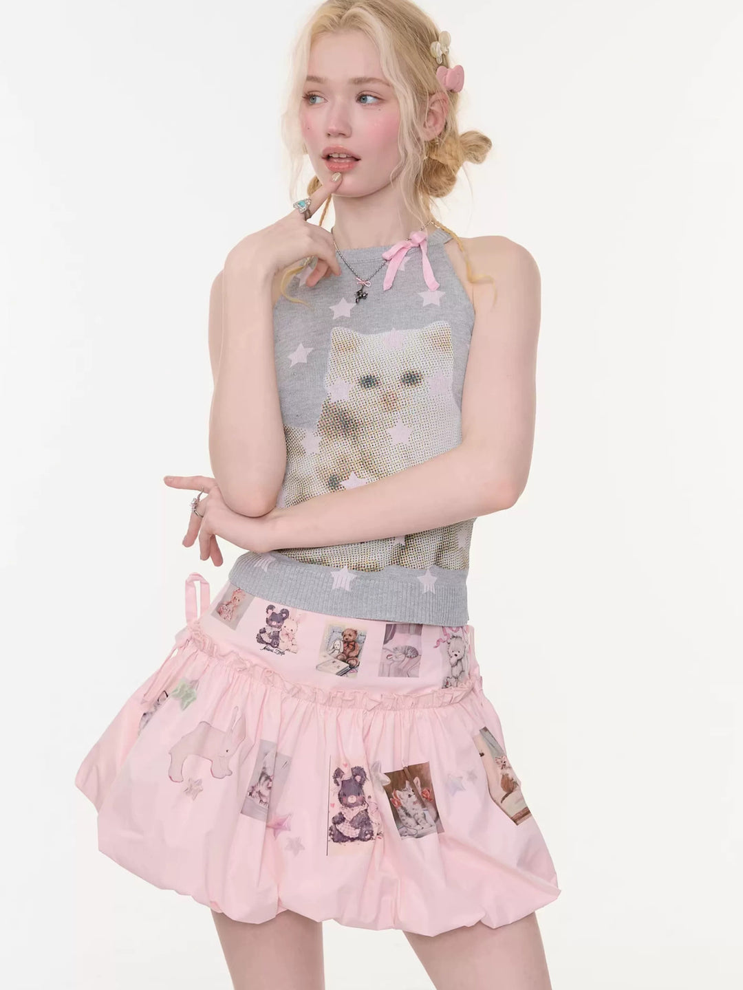 Starry Cat Bow Knit Tank Top