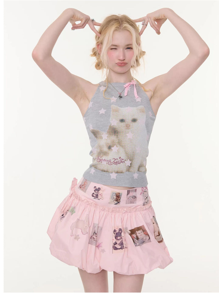 Starry Cat Bow Knit Tank Top
