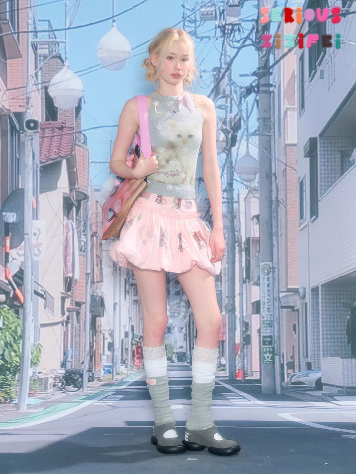 Starry Cat Bow Knit Tank Top