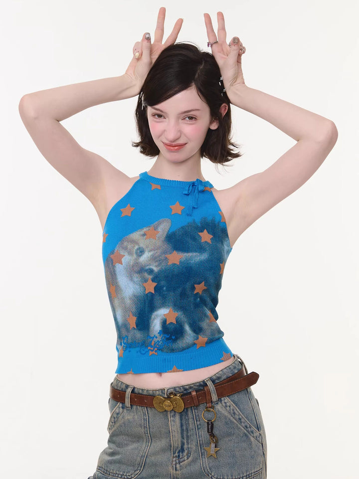 Starry Cat Bow Knit Tank Top