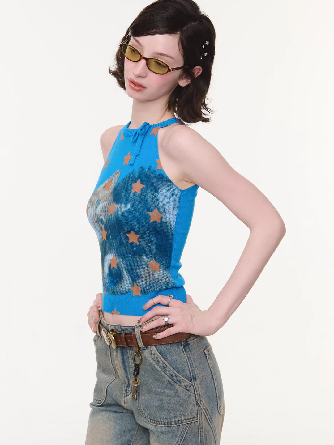 Starry Cat Bow Knit Tank Top
