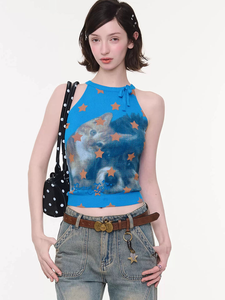 Starry Cat Bow Knit Tank Top