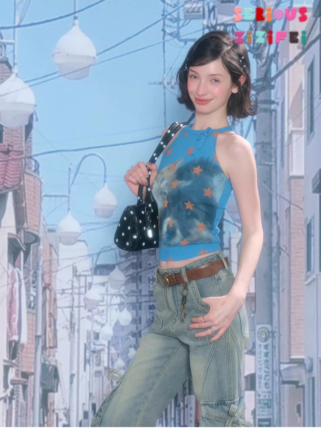 Starry Cat Bow Knit Tank Top