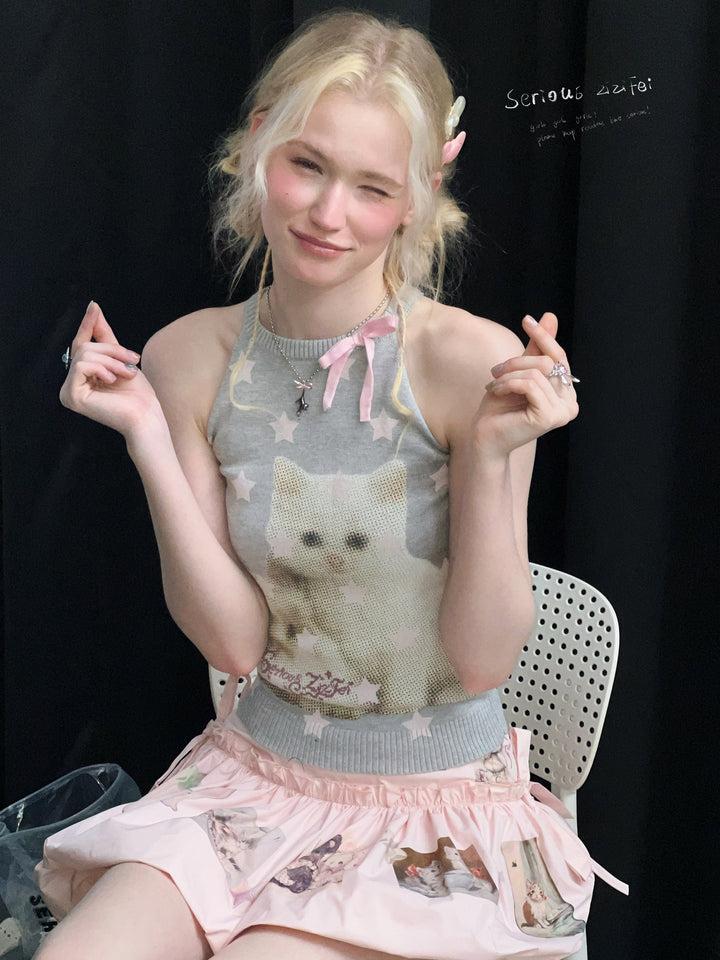 Starry Cat Bow Knit Tank Top