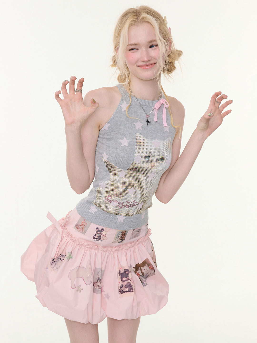 Starry Cat Bow Knit Tank Top