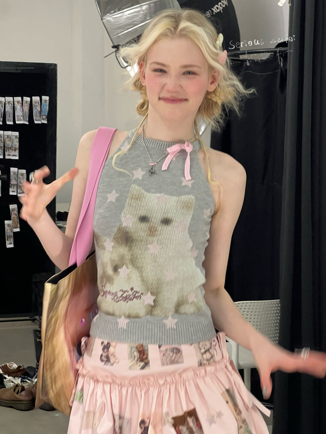 Starry Cat Bow Knit Tank Top