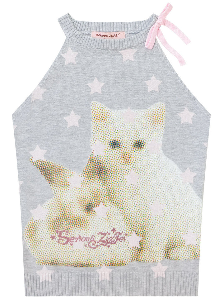 Starry Cat Bow Knit Tank Top