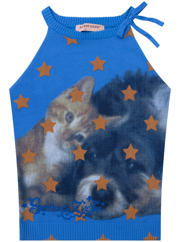 Starry Cat Bow Knit Tank Top