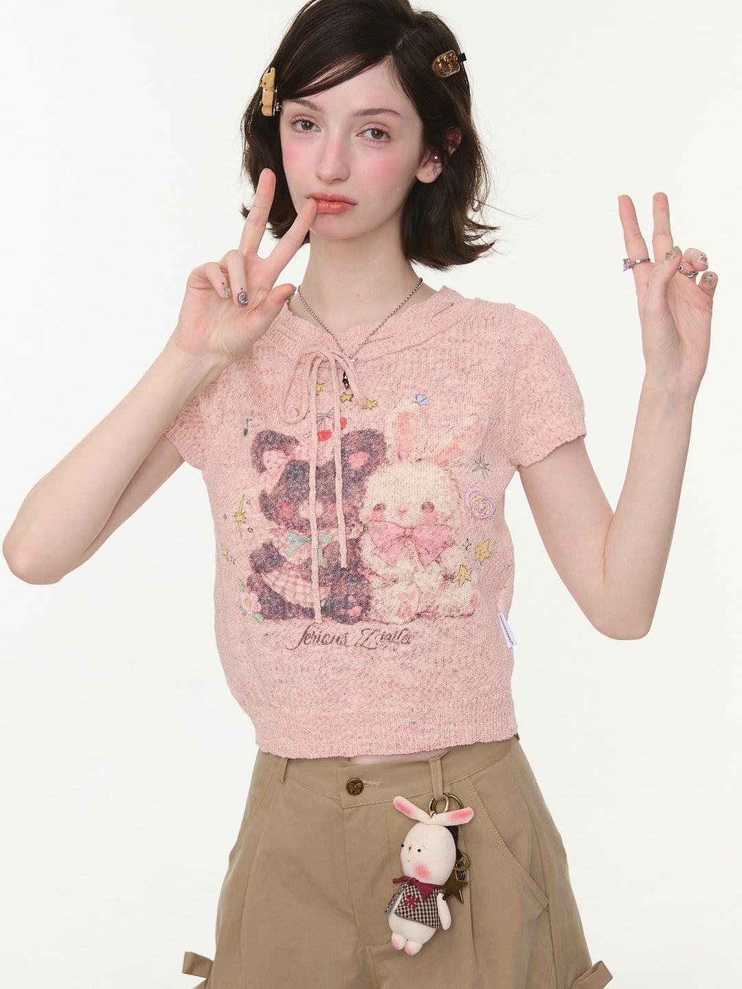 Pink Bear and Bunny Graphic Knit T-Shirt