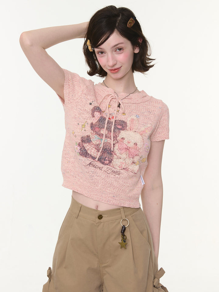Pink Bear and Bunny Graphic Knit T-Shirt