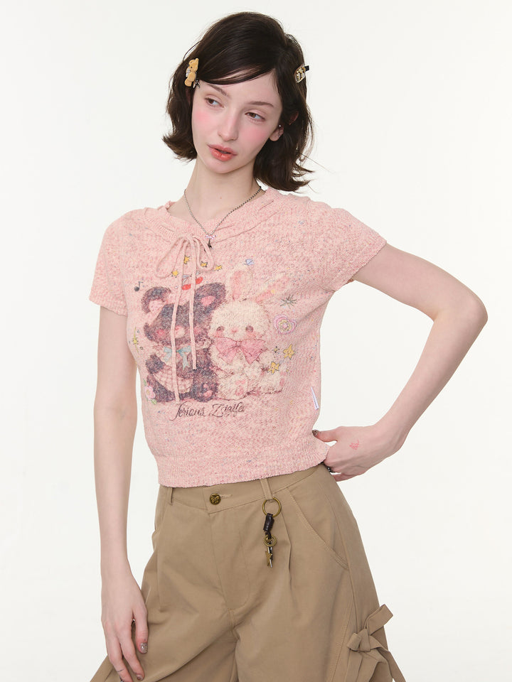 Pink Bear and Bunny Graphic Knit T-Shirt