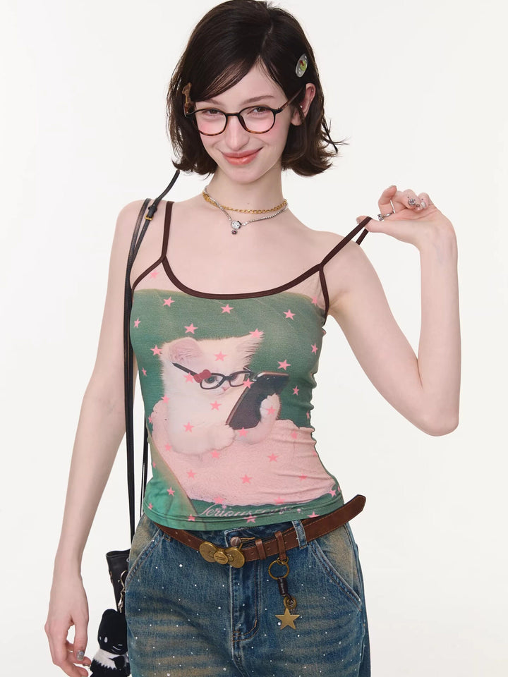 Glasses Cat Star Print Cami Top