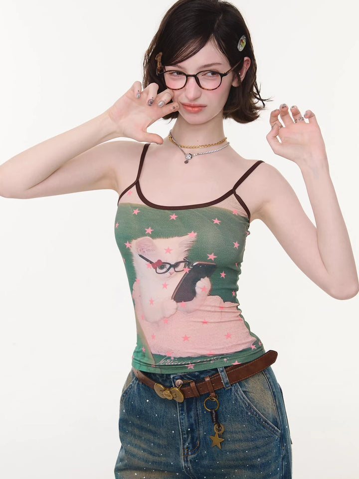 Glasses Cat Star Print Cami Top