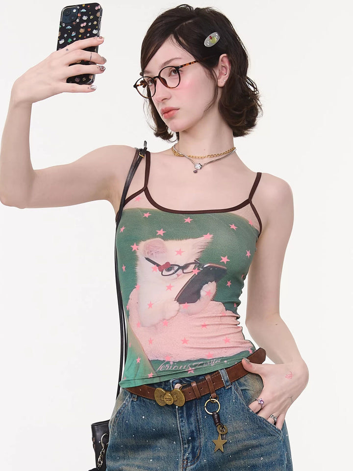 Glasses Cat Star Print Cami Top