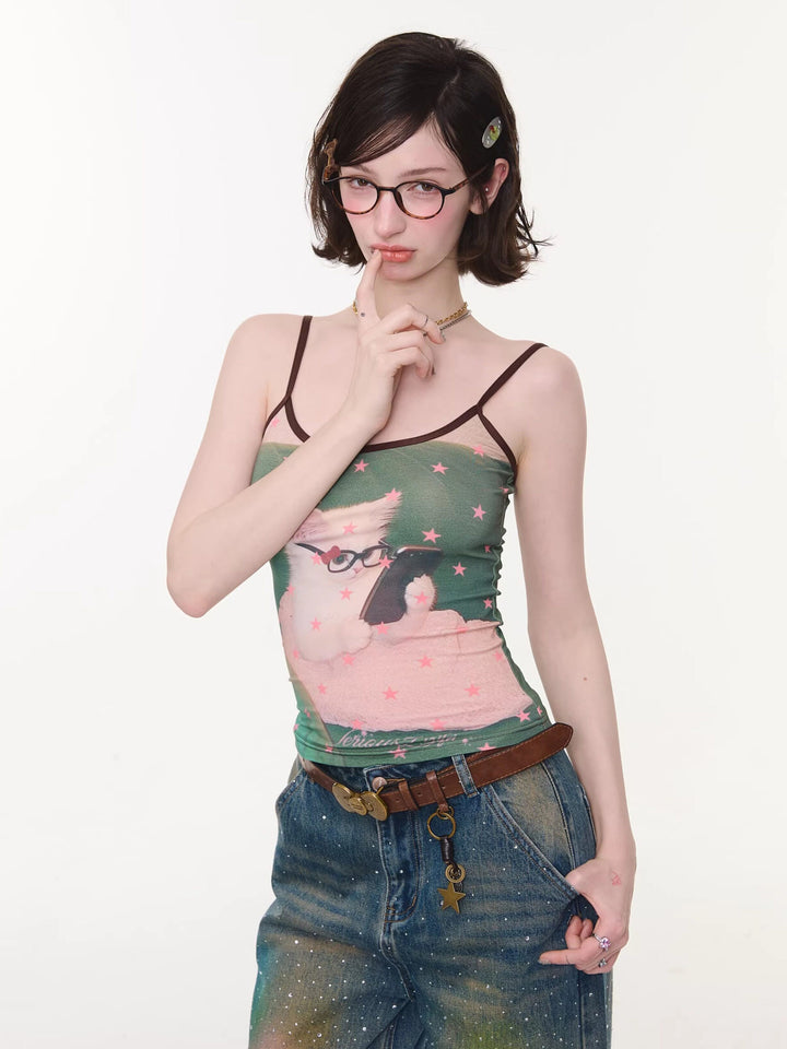 Glasses Cat Star Print Cami Top