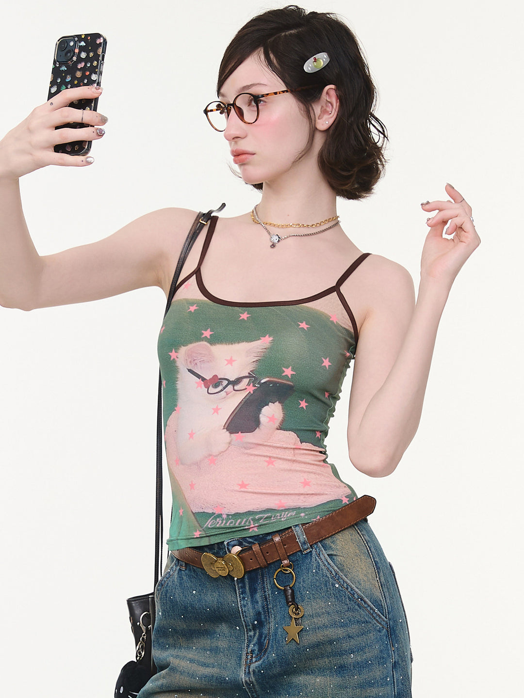 Glasses Cat Star Print Cami Top