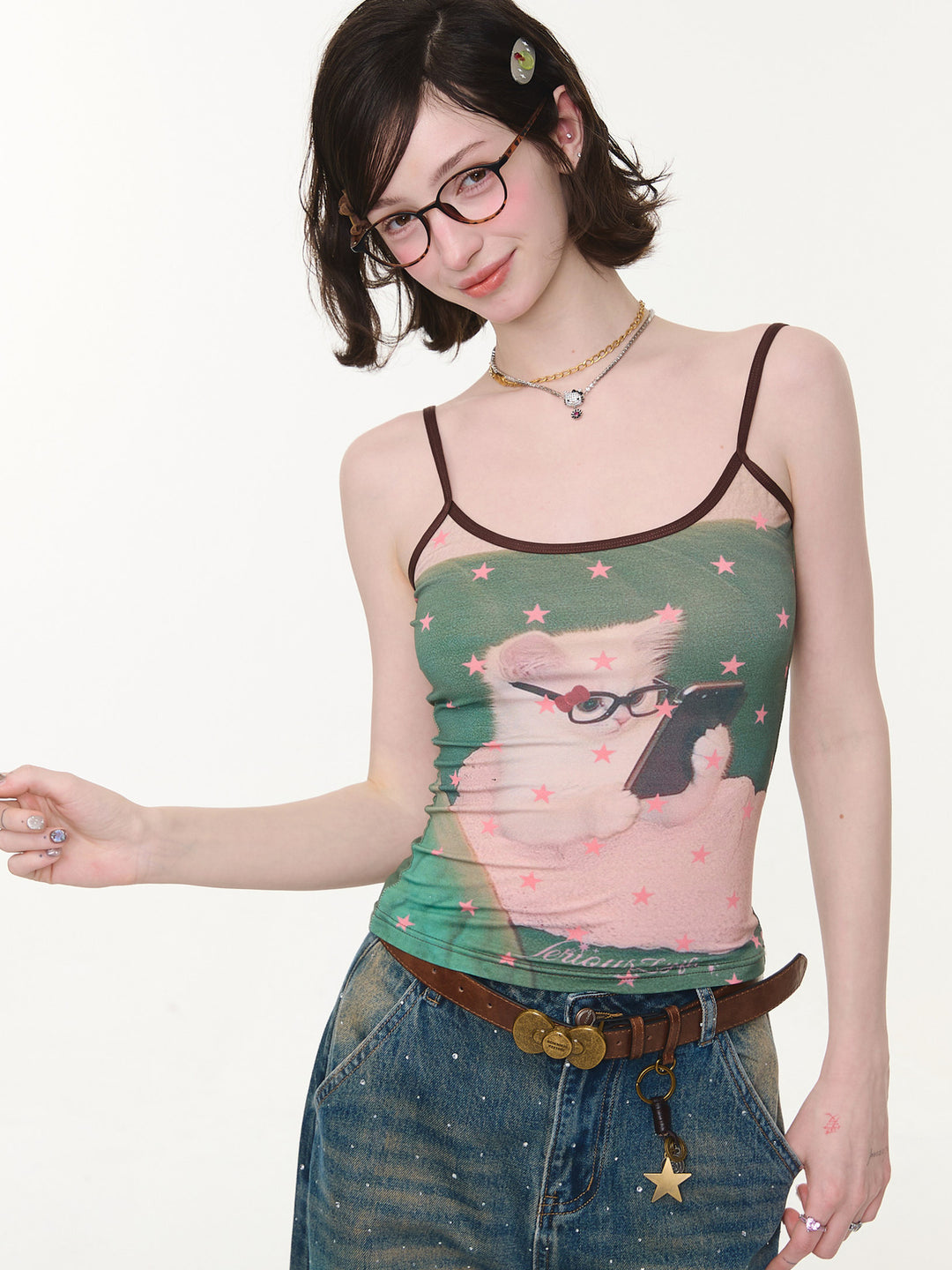 Glasses Cat Star Print Cami Top