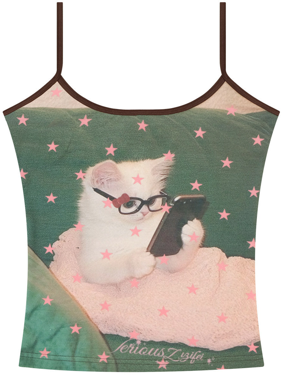 Glasses Cat Star Print Cami Top