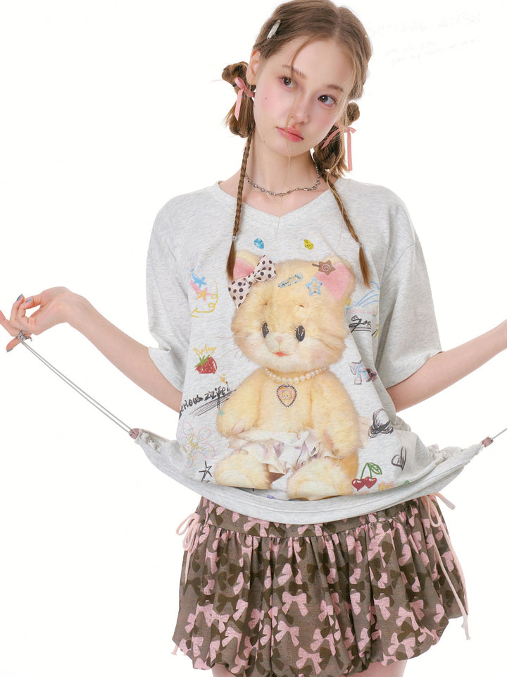 Side-Ruched Cat Graphic V-Neck T-Shirt