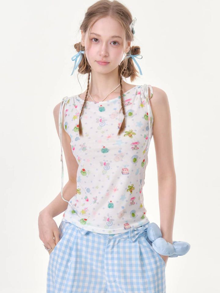 Whimsical Print Tie-Shoulder Tank Top