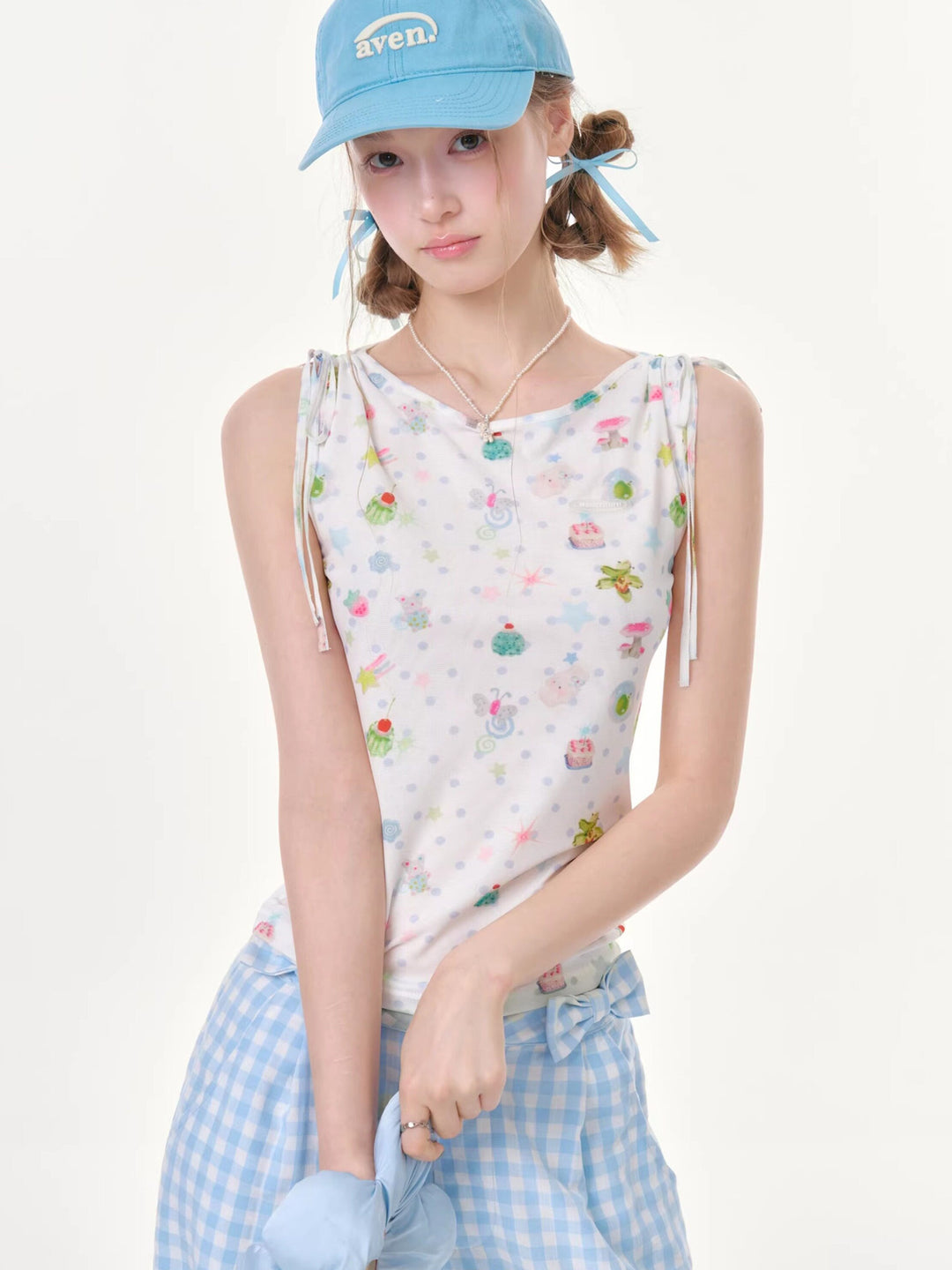 Whimsical Print Tie-Shoulder Tank Top