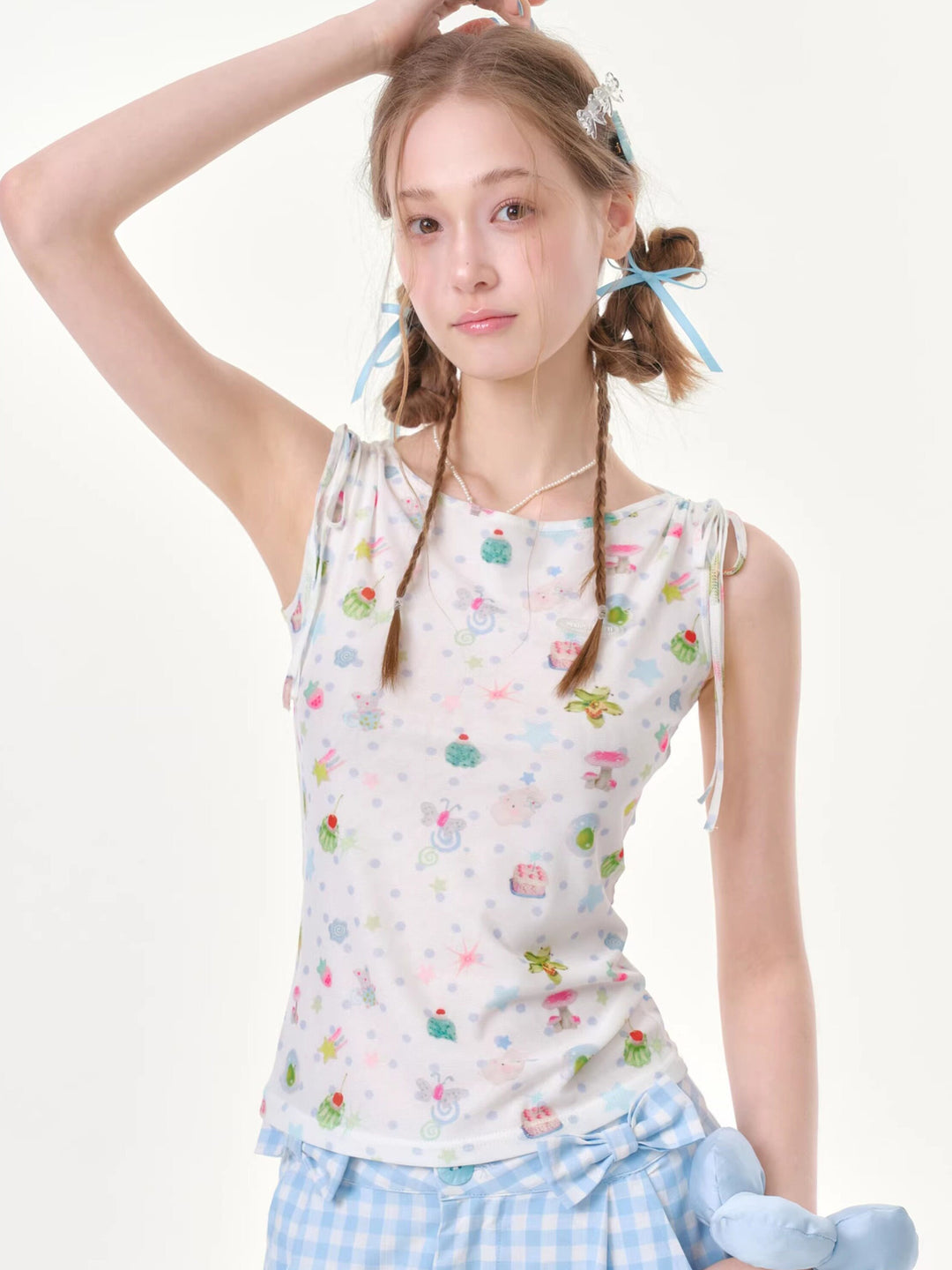 Whimsical Print Tie-Shoulder Tank Top