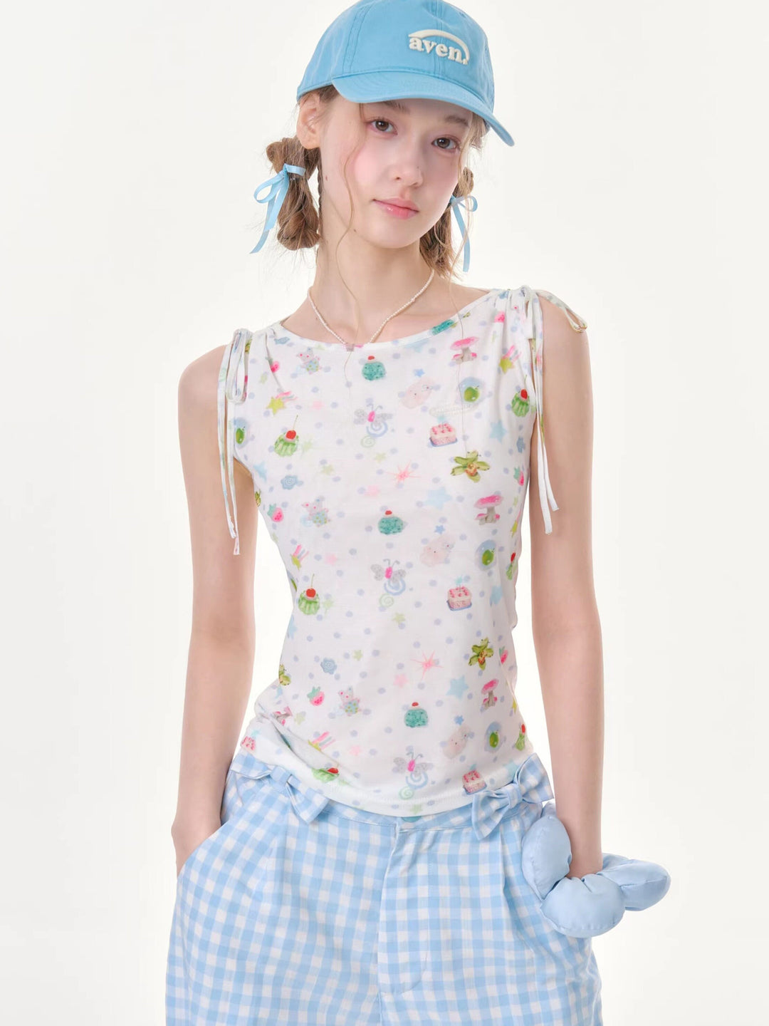 Whimsical Print Tie-Shoulder Tank Top