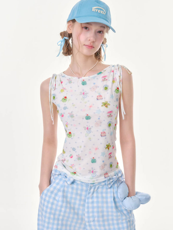 Whimsical Print Tie-Shoulder Tank Top